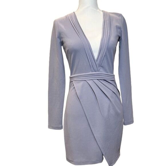 Tobi Ava Lilac Grey Bodycon Long Sleeved Split Hem Deep Plunge Dress Size Small - Picture 2 of 10